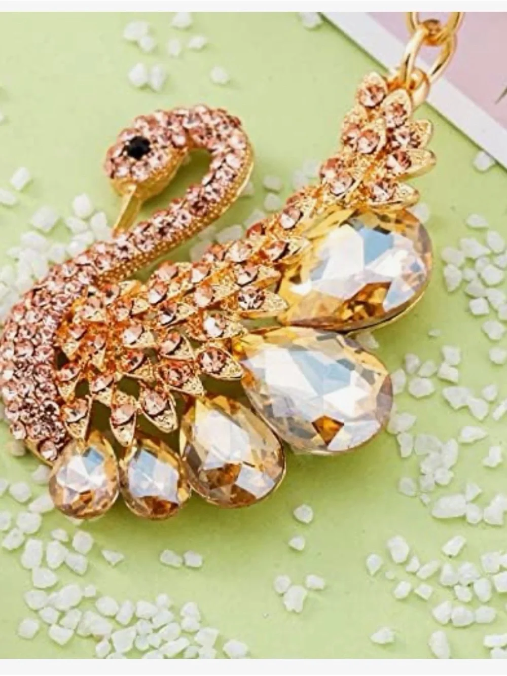 Gold Tone Crystal Swan Keychain - Sparkling Pink-Gold - Picture 1 of 2